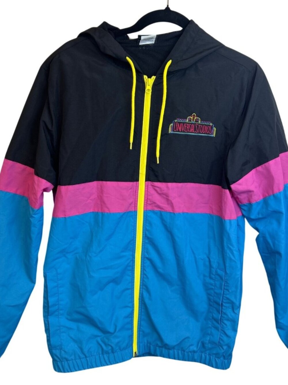 Universal Studios Windbreaker Jacket Full Zip Colorblock Pink Blue Neon Hooded